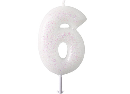 Zahlen Geburtstagskerze Glitzer Weiß Rosa 6,5cm | Zahl 6