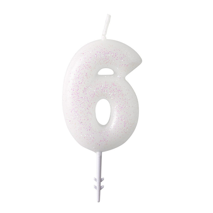 Zahlen Geburtstagskerze Glitzer Weiß Rosa 6,5cm | Zahl 6