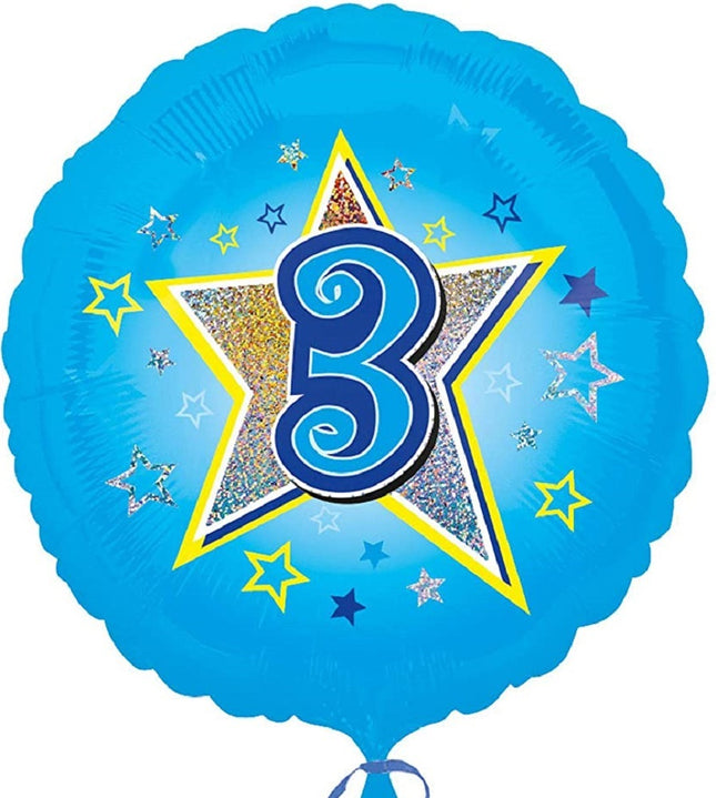 "3" Runder Folienballon mit Sternen für Geburtstag und Jubiläum - 43 cm Blau ABC18