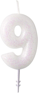 Zahlen Geburtstagskerze Glitzer Weiß Rosa 6,5cm | Zahl 9