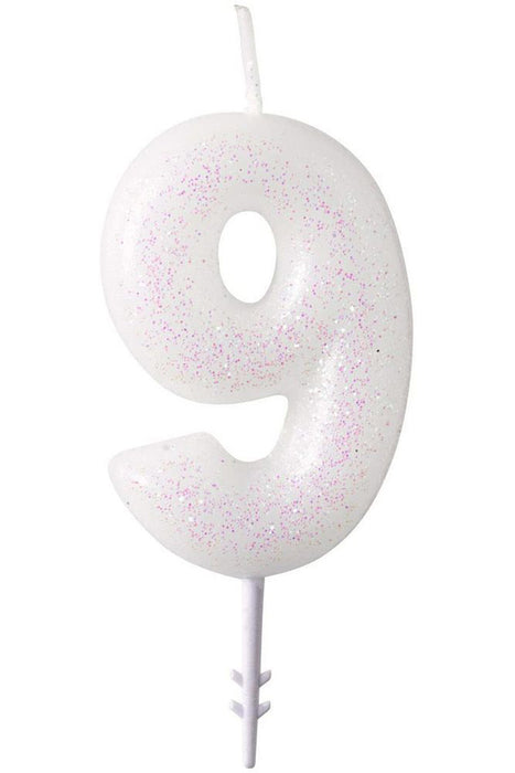 Zahlen Geburtstagskerze Glitzer Weiß Rosa 6,5cm | Zahl 9