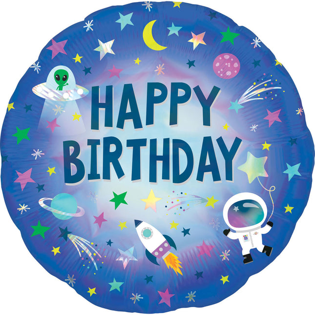 ABC18 Folienballon "Happy Birthday - Weltraum" mit Außerirdischem Holografisch Blau | Ø 45 cm