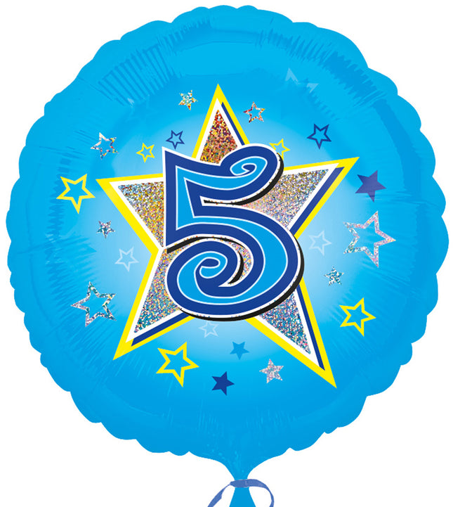 "5" Runder Folienballon mit Sternen für Geburtstag und Jubiläum - 43 cm Blau ABC18