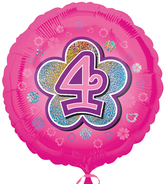 "4" Runder Folienballon mit Blumen für Geburtstag und Jubiläum - 43 cm Pink ABC18