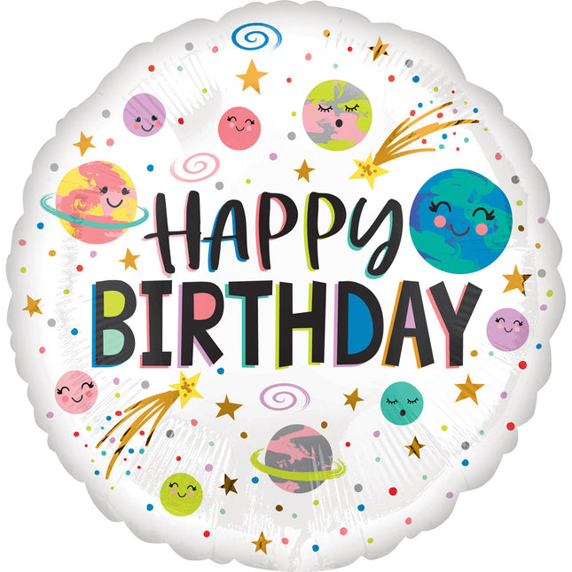 ABC18 "Happy Birthday - Smiling Galaxy" Runder Folienballon Geburtstag - Weiß 43 cm