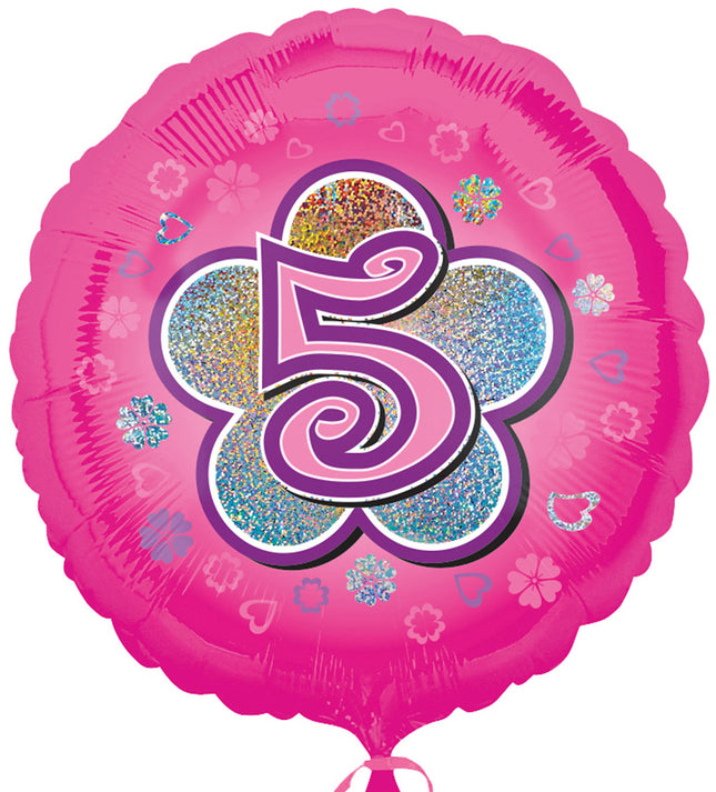 "5" Runder Folienballon mit Blumen für Geburtstag und Jubiläum - 43 cm Pink ABC18