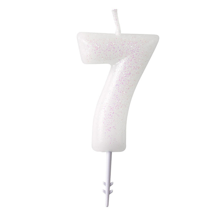 Zahlen Geburtstagskerze Glitzer Weiß Rosa 6,5cm | Zahl 7