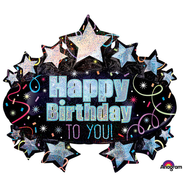 "Happy Birthday - Brilliant" XL Folienballon SuperShape Schwarz mit Sternen - 78 x 71 cm
