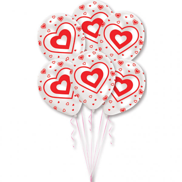 "Herzen" Runde Latexballons Luftballons 27,5 cm Globaldruck - 6 Stück Weiß Rot