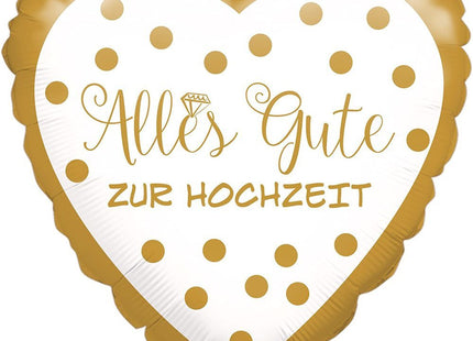 Herz Folienballon ABC18 Alles Gute zur Hochzeit mit Punkten - Weiß Gold 43 cm