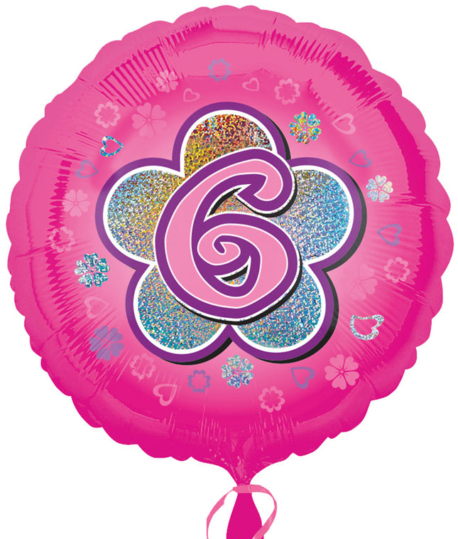 "6" Runder Folienballon mit Blumen für Geburtstag und Jubiläum - 43 cm Pink ABC18