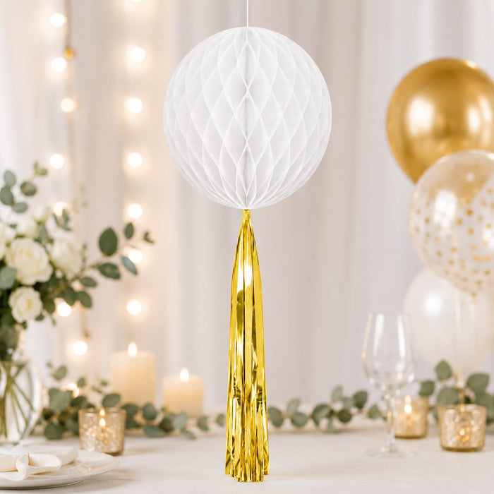 Papier Wabenball mit Goldfolien-Quaste | Weiß