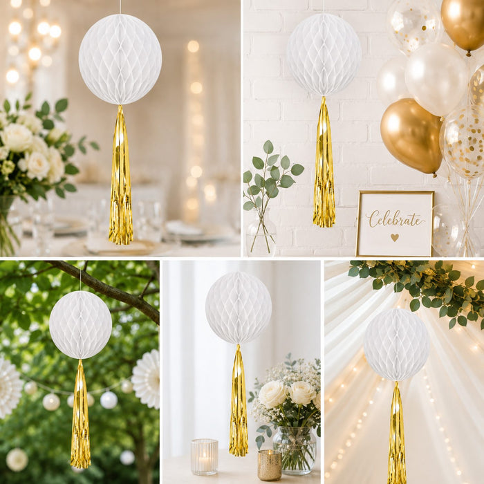 Papier Wabenball mit Goldfolien-Quaste | Weiß