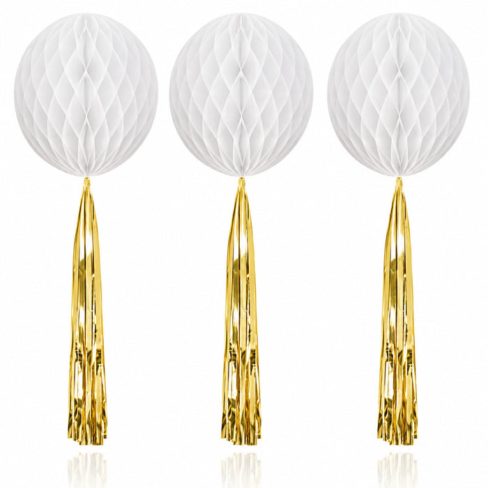 Papier Wabenball mit Goldfolien-Quaste | Weiß